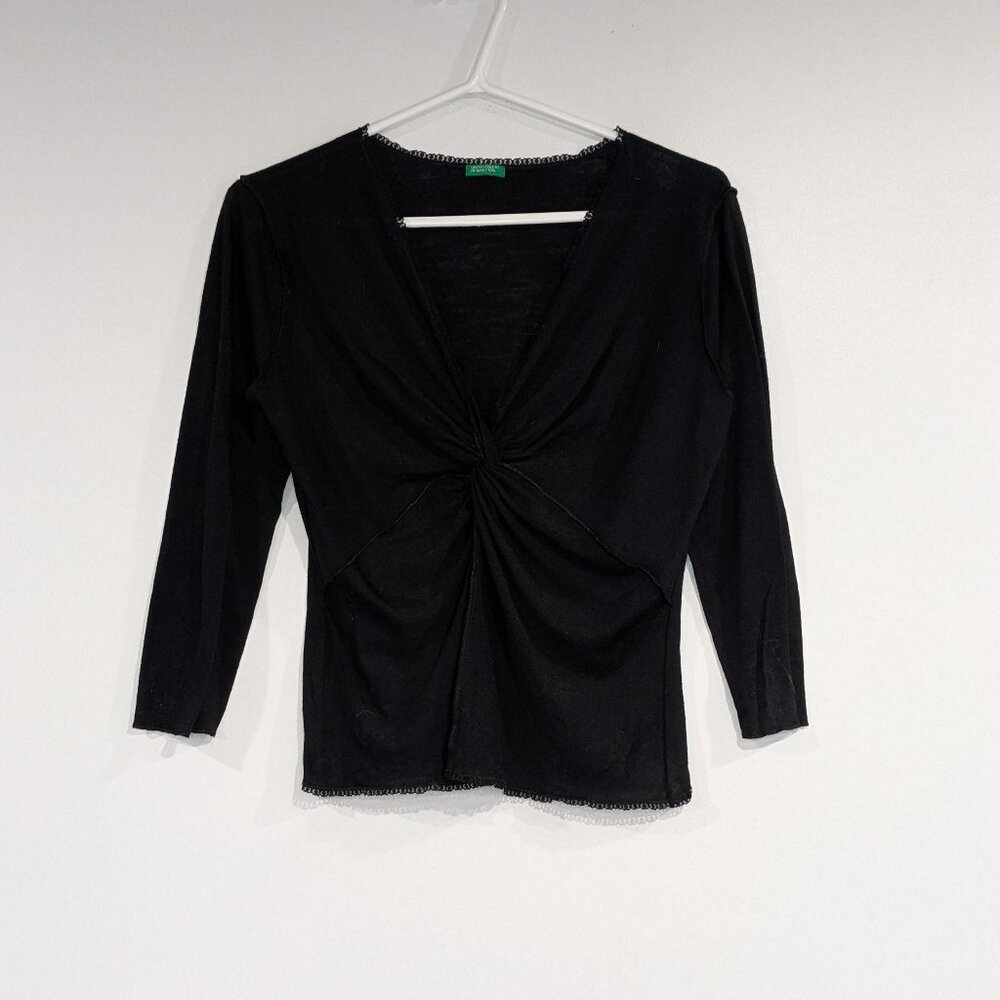United Colors of Benetton 3/4 Sleeve V-neck Top Black Size Medium